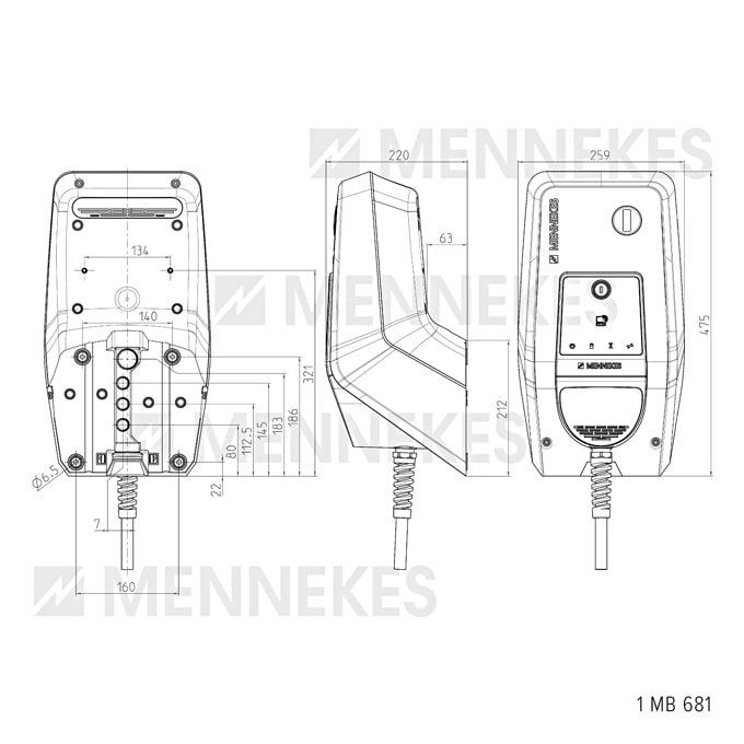 Technische Zeichnung AMTRON Xtra 22 C2 Technische Zeichnung der AMTRON Xtra 22 C2 Wallbox von Mennekes